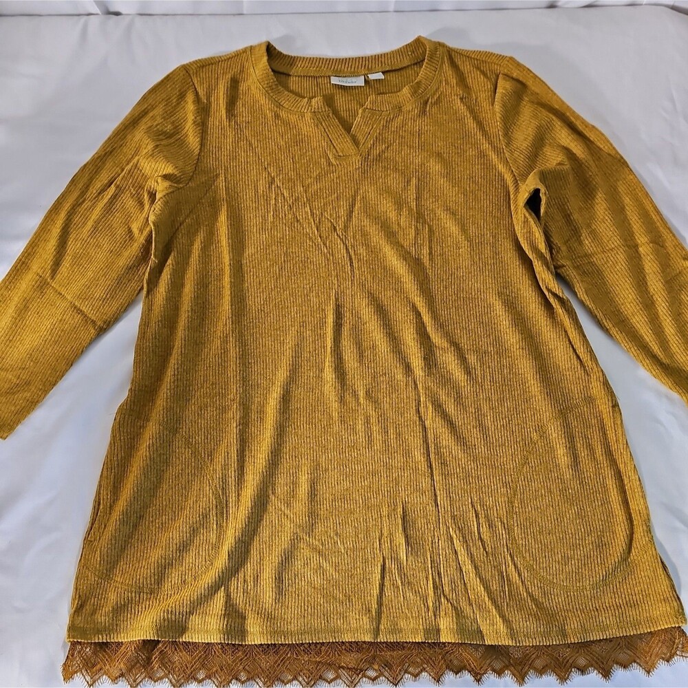 New Logo by Lori Goldstein Mustard Ribbed Long Sleeve Split V-Neckline with Lace